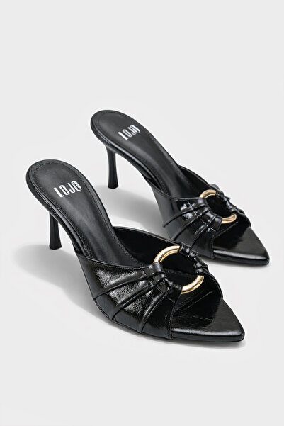 LOJO Women's Pointed Toe Gold Buckle Detail Heels Slipper Mias Black