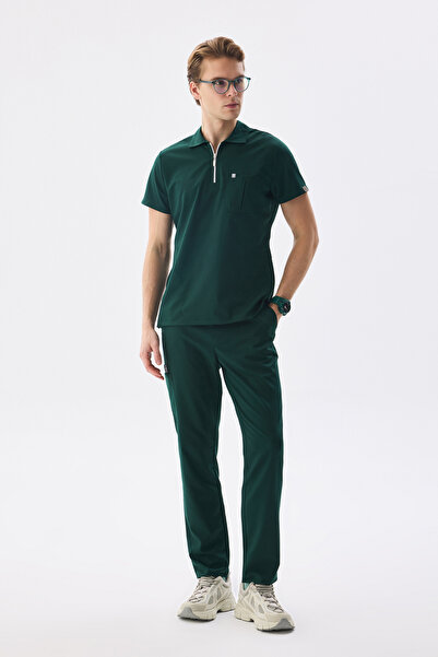 Class Üniforma Men's Polo Neck Medical Uniform Set Hunter Green Stretch Fabri...