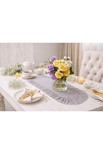 NURGİTA HOME Fırfırlı Fistolu Duck Keten Oval Runner&Dekoratif örtü &Masa Ört...