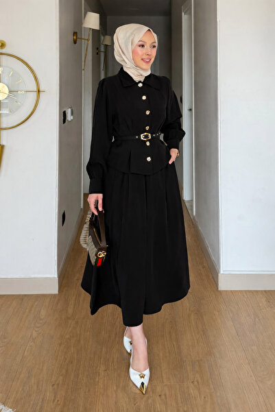 Tesettür Diyarı Nale Cupra Tansel Fabric Belt Piece Shirt-Skirt Hijab Set- Black