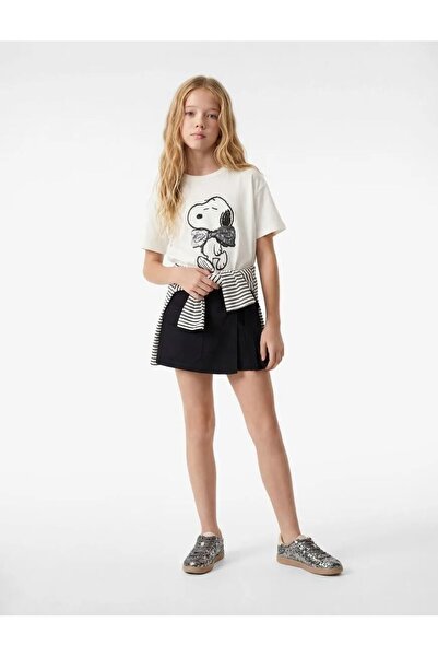 Koton Lisanslı Snoopy Baskılı Kısa Kollu Pullu Payetli Pamuklu Tişört