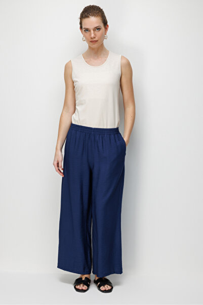 Desen Triko Pantaloni de damă cu talie elastică cu buzunare bleumarin