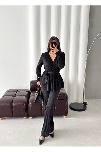 Arfami Women's Black Pleated Double-Breasted Collar Belted Top and Pants Set