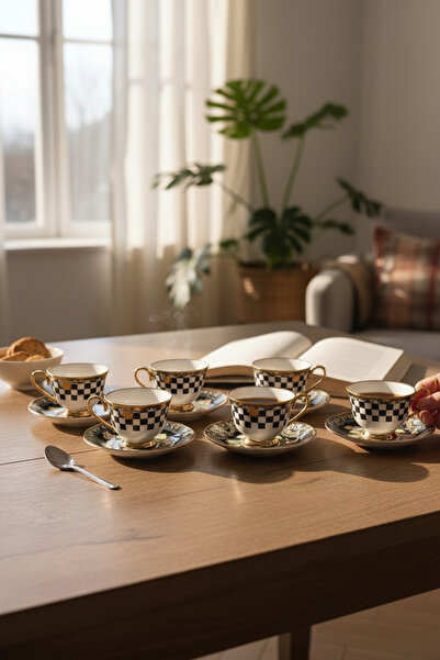 Akayev Gold Detailed Porcelain Checkered Black and White Coffee Cup Set