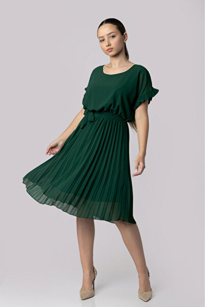 OEM Green pleated dress with drawstring waist