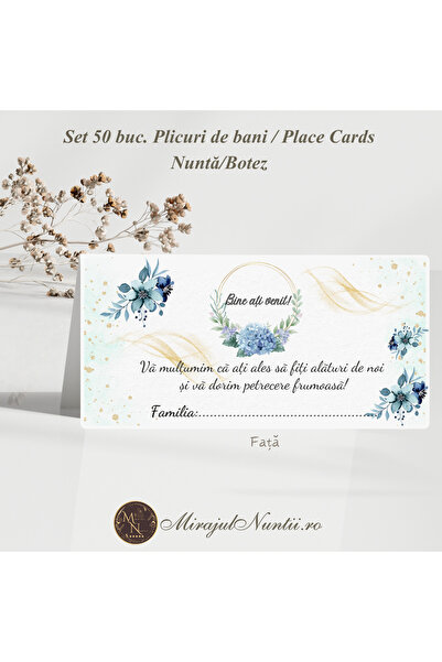 Proprie Set 50 buc. Plic de bani Nuntă Floral Albastru Elegant Tip Place Card...