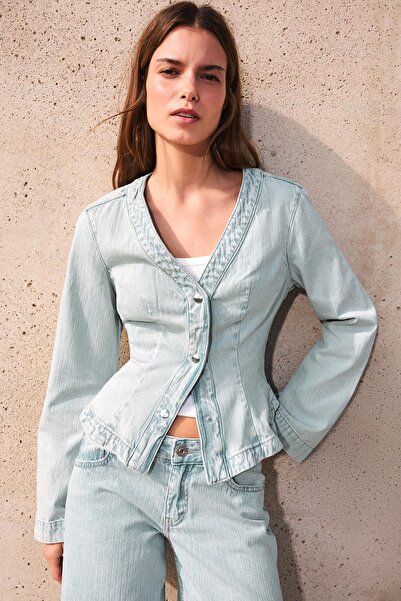 Bershka Peplum çizgili denim ceket