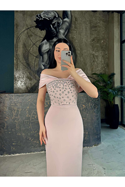 missswans Amaliya Onü Taşlı Düşük Omuz Detaylı Midi Boy Abiye Pudra