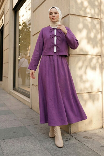 MODAQU Linen Lace-Up Skirt Blouse Top and Bottom Set - Purple