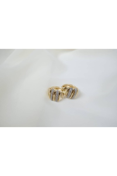 ATELİER TUĞBA Kp327 Striped Zircon Stone Hoop Earrings Gold (Diameter 14 mm)