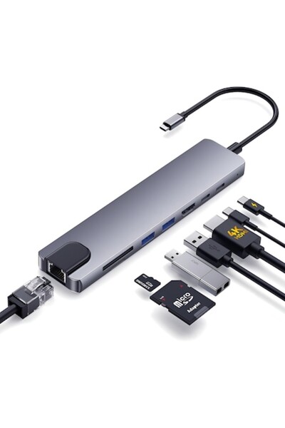OEM Adaptor Hub USB-C 8 in 1 cu HDMI 4K, RJ45 Ethernet, PD 100W, USB 3.0, Cit...