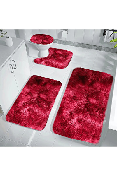 Magdeal Set of 4 Non-Slip Bath Mats, Fluffy Material, Red