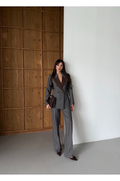 LOVELF Premium Yakası Garnili Pötikare Takım Kahve