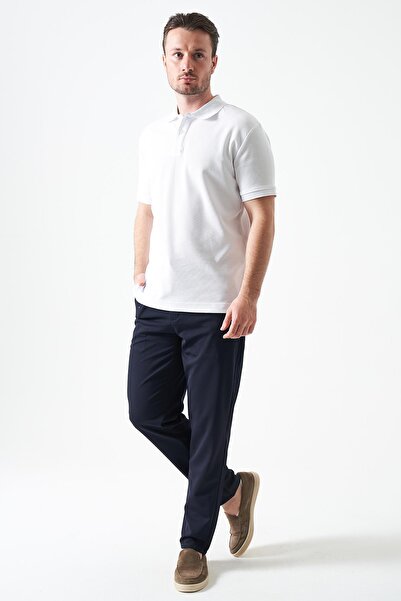 TENA بنطلون رجالي أساسي قماش بيكي باللون الأزرق الداكن مع خصر نصف مطاطي