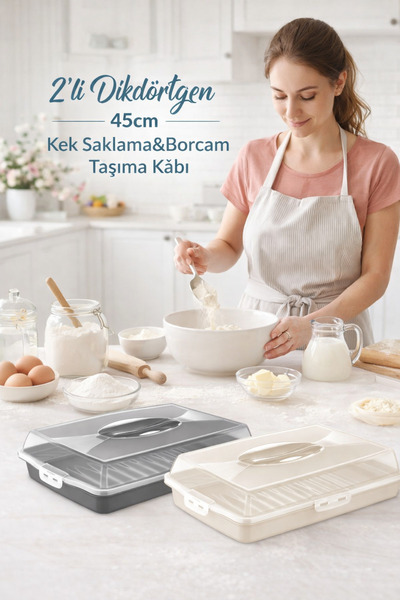 PONÇİK STORE 2 Pieces Rectangular Cake Pastry Storage Container, Lockable Gla...