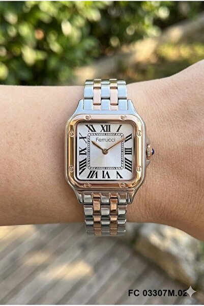 Ferrucci ساعة يد نسائية |   هيكل من الفولاذ مقاس 26 ملم، سوار معدني فضي وردي،...