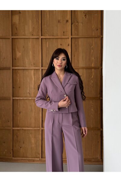 LOVELF Gold Düğmeli Kısa Ceketli Bol Paça Takım Lila