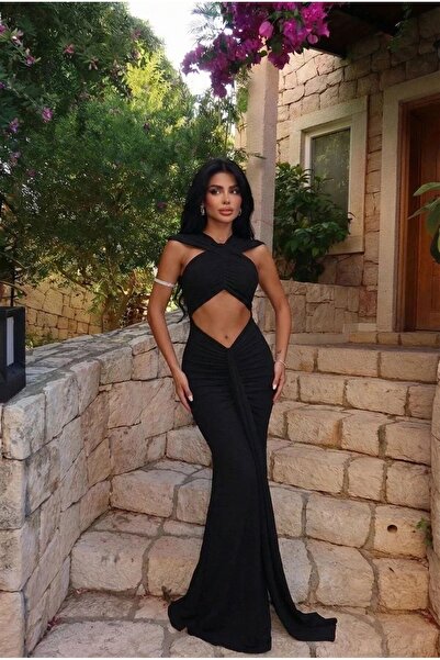 Eyyo siyah orleans uzun elbise