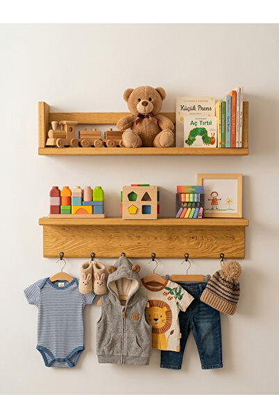 Wooden Factory Çocuk Odası İçin Ahşap Askılıklı Raf, Kitaplık ve Çok Amaçlı E...