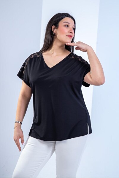Roxxlen Plus Size Women's Lace Detailed Blouse Black
