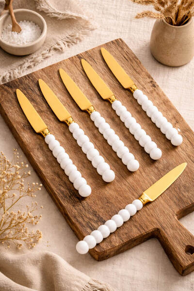 Anadolu Saray 6-Piece Luxury Pearl Detailed Gold Plastic Dinner Knife Set |  ...