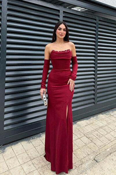 Sindimoda فستان سهرة بتفاصيل أمامية من غورريا بدون حمالات 1146