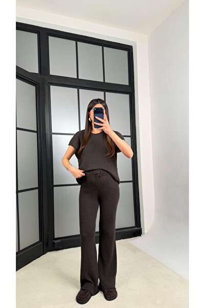 Gaus Acı Kahve Sıfır Kol Tshirt Beli Lastikli Pantolon Triko Takım GAUS-01238