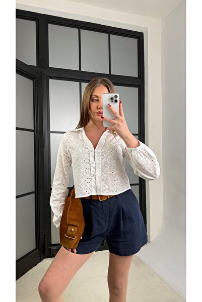 Gaus Beyaz Fistolu Crop Gömlek GAUS-01243