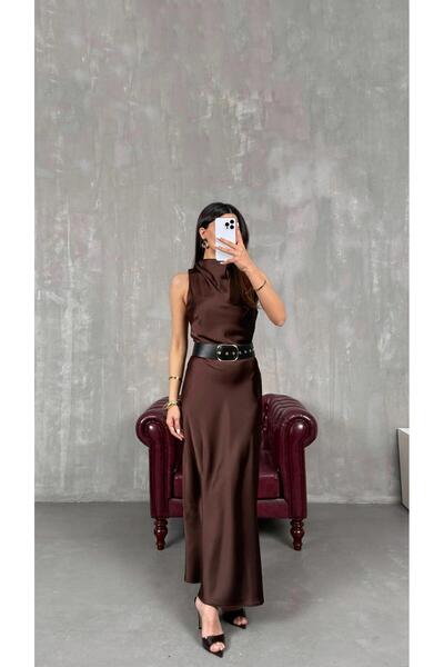 Gaus Kahve ZR Model Kemerli Saten Elbise GAUS-01259