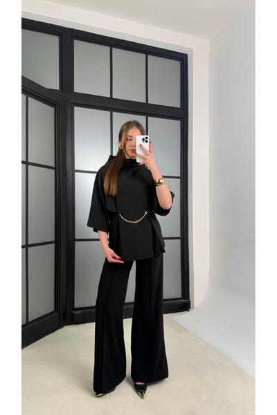 Gaus Siyah Zincir Detaylı Bluz Beli Lastikli Pantolon İkili Premium Takım GAU...