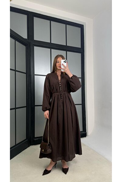 Gaus Kahve Düğme Detaylı Kuşaklı Vual Kumaş Elbise GAUS-01263
