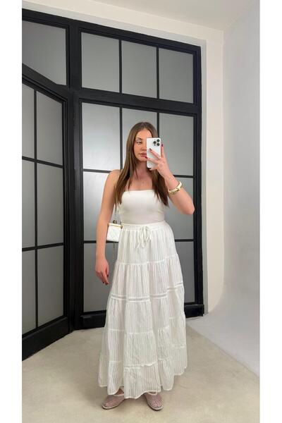 Gaus Beyaz Beli Lastikli Nakış Detaylı Astarlı Etek GAUS-01242