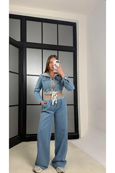Gaus Mavi Kapüşonlu Hırka Beli Lastikli Pantolon İkili Denim Takım GAUS-01272