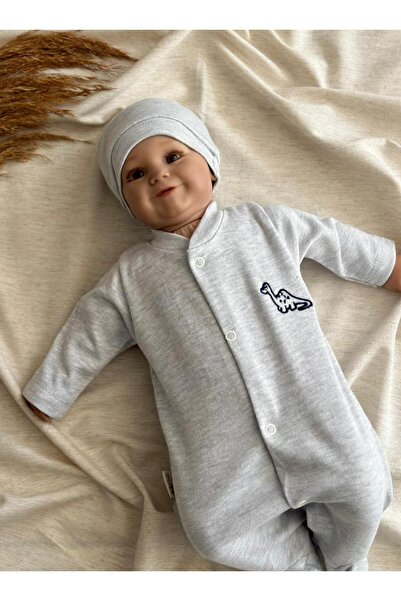 Zuff Baby Premature Baby Boy Tiny Dinosaur Embroidered Romper and Hat