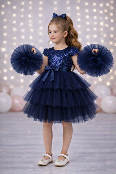 RUMİ KİDS Kız Çocuk Tokalı Ponpon Kollu Abiye Parti Doğumgünü Elbisesi Eteksiz