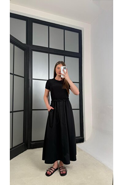 Gaus Siyah Kısa Kol Beli Lastikli Basic Elbise GAUS-01258