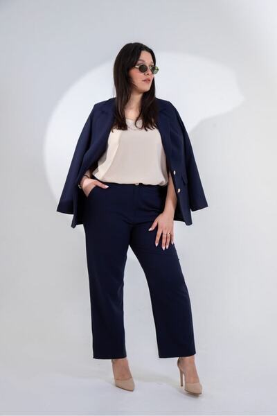 Roxxlen Plus Size Women's Button Detailed 2-Piece Jacket-Pants Set
