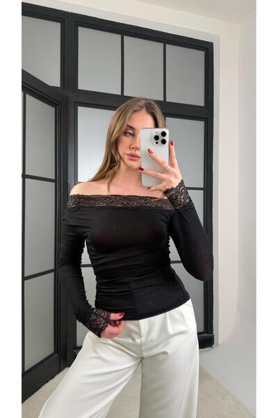 Gaus Siyah Dantel Yaka Detaylı Düşük Omuz Kaşmir Dokulu Bluz GAUS-01249