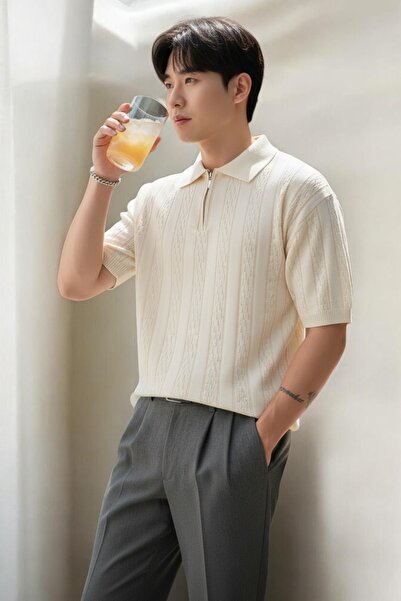 ModaYaren Men's Half Zipper Polo Collar Vertical Patterned Knitwear Comfortab...