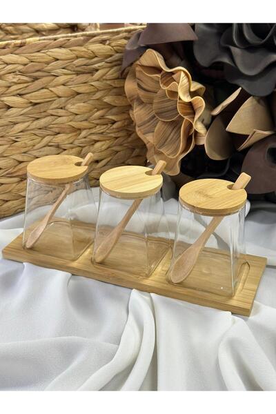 MD MİMOZA DEKOR Bamboo Pyramid Shaped Glass Spice Jar Set with Lids
