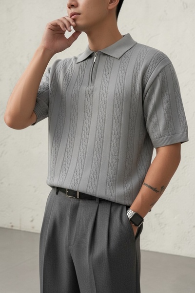 ModaYaren Men's Half Zipper Polo Collar Vertical Patterned Knitwear Comfortab...