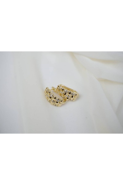 ATELİER TUĞBA Kp339 Wicker Textured Zircon Stone Gold Earrings (Length 20 mm)