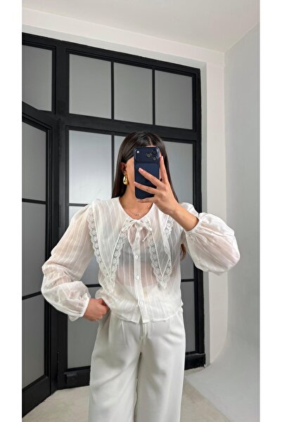 Gaus Beyaz Bebe Yaka Önü Bağlamalı Transparan Gömlek GAUS-01241