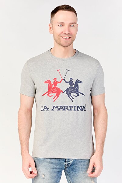 La Martina تي شيرت رجالي بشعار العلامة التجارية بأكمام قصيرة ورقبة دائرية، رمادي