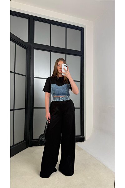 Gaus Siyah Denim Detaylı Crop Beli Lastikli Pantolon Premium Takım GAUS-01273