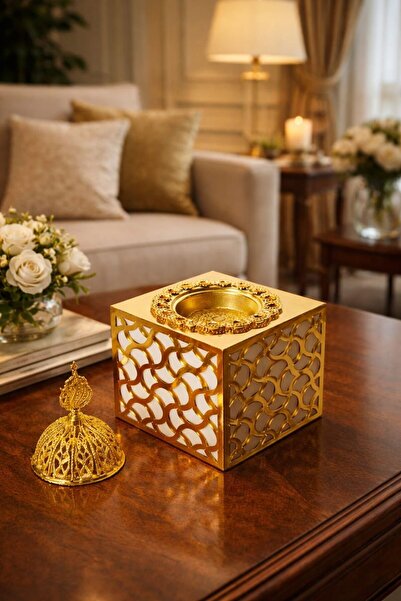 LAZORİAE Dekoratif Altın Renk Oryantal Buhurdanlık Tütsülük 8x8x8 cm