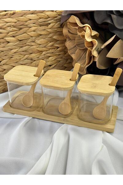 MD MİMOZA DEKOR Bamboo Square Shaped Glass Spice Jar Set with Lids