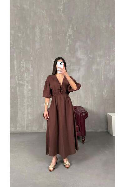 Gaus Kahve Cesika V Yaka Beli Lastikli Müslin Elbise gaus-01260