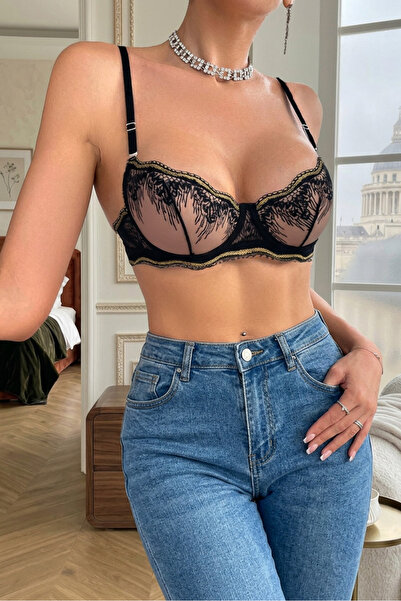 Tarzınbu Transparent Tulle Detail Black Lingerie Set