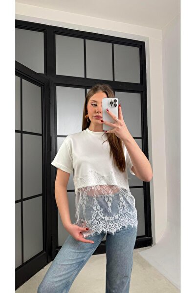 Gaus Ekru Dantel Detaylı Tshirt GAUS-01265